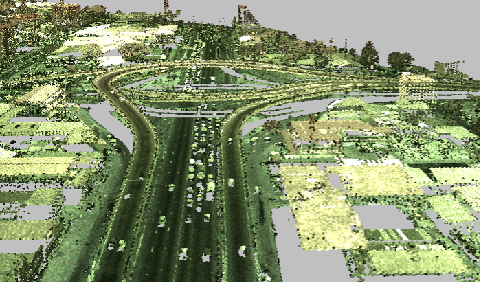 colourised lidar point cloud over urban area showing city infrastructure